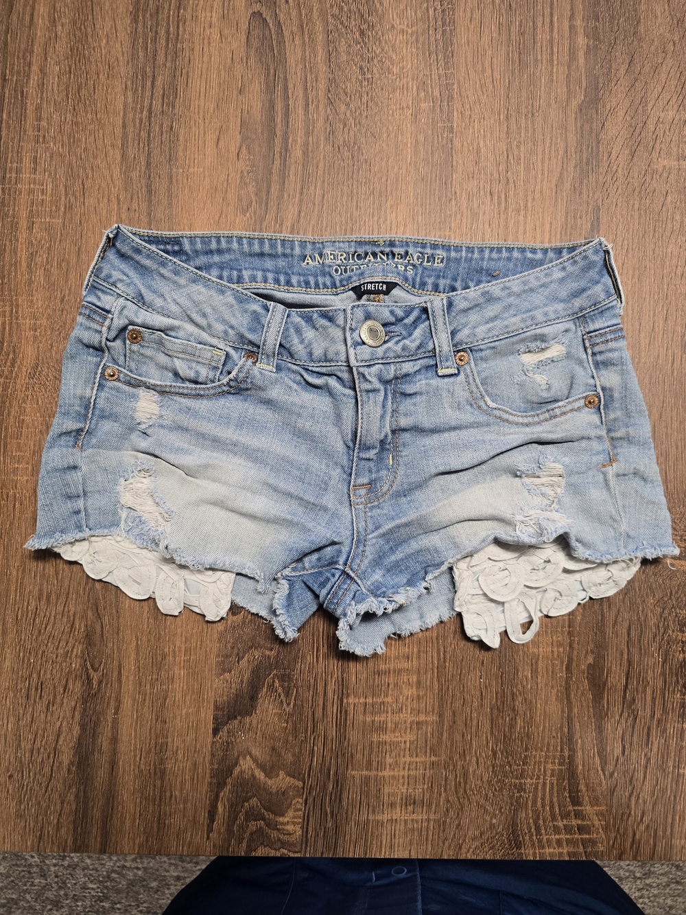 American Eagle Shortie Denim Shorts Size 4 Distressed Lace Crochet Y2K Festival